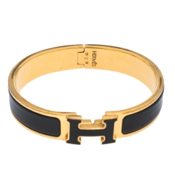 Pre Owned Hermes Clic H Black Enamel Gold Plated Narrow Bracelet PM