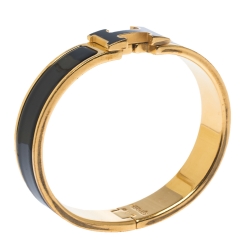 Pre Owned Hermes Clic H Black Enamel Gold Plated Narrow Bracelet PM