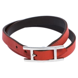 Pre Owned Hermès Hapi Dark Orange Leather Palladium Plated Wrap Bracelet M