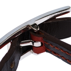 Pre Owned Hermès Hapi Dark Orange Leather Palladium Plated Wrap Bracelet M