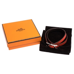 Pre Owned Hermès Hapi Dark Orange Leather Palladium Plated Wrap Bracelet M