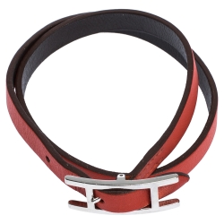 Pre Owned Hermès Hapi Dark Orange Leather Palladium Plated Wrap Bracelet M