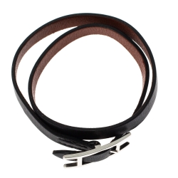 Pre Owned Hermès Hapi 3 MM Black Leather Palladium Plated Wrap Bracelet GM