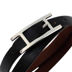 Pre Owned Hermès Hapi 3 MM Black Leather Palladium Plated Wrap Bracelet GM