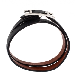 Pre Owned Hermès Hapi 3 MM Black Leather Palladium Plated Wrap Bracelet GM