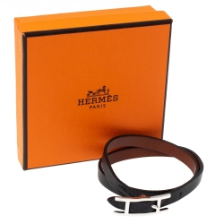 Pre Owned Hermès Hapi 3 MM Black Leather Palladium Plated Wrap Bracelet GM
