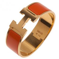 Pre Owned Hermes Clic Clac H Wide Gold-Plated Orange Enamel Bracelet PM