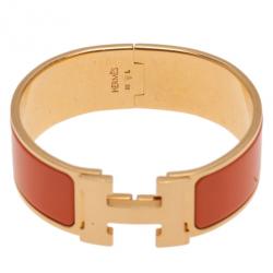 Pre Owned Hermes Clic Clac H Wide Gold-Plated Orange Enamel Bracelet PM