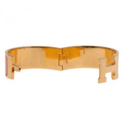 Pre Owned Hermes Clic Clac H Wide Gold-Plated Orange Enamel Bracelet PM