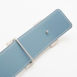 Pre Owned Hermes Blue & White Leather Silver Tone 'H' Buckle Belt