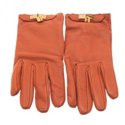Pre Owned Hermes Orange Leather Soya Gloves Size 8
