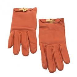 Pre Owned Hermes Orange Leather Soya Gloves Size 8