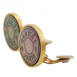 Hermès Mother of Pearl Inlay Gold Plated Round Clip-on Stud Earrings