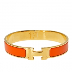 Pre Owned Hermès Clic H Orange Enamel Gold Plated Narrow Bracelet PM