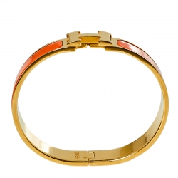 Pre Owned Hermès Clic H Orange Enamel Gold Plated Narrow Bracelet PM