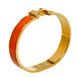 Pre Owned Hermès Clic H Orange Enamel Gold Plated Narrow Bracelet PM