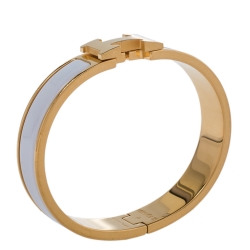 Pre Owned Hermes Clic H White Enamel Gold Plated Narrow Bracelet PM