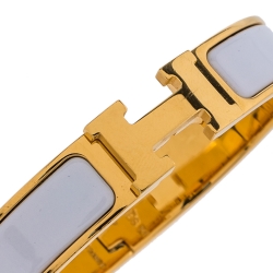 Pre Owned Hermes Clic H White Enamel Gold Plated Narrow Bracelet PM