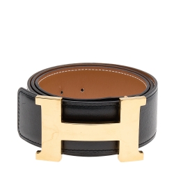 Pre Owned Hermès Noir/Gold Box Calf Leather Constance Reversible Belt 85CM