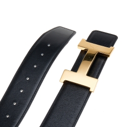Pre Owned Hermès Noir/Gold Box Calf Leather Constance Reversible Belt 85CM