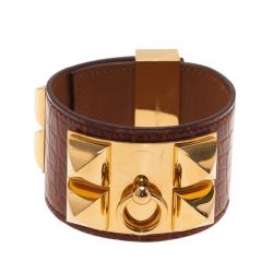 Pre Owned Hermes Collier de Chien Brown Alligator Cuff Bracelet L