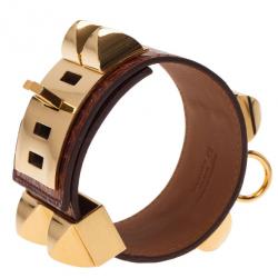 Pre Owned Hermes Collier de Chien Brown Alligator Cuff Bracelet L