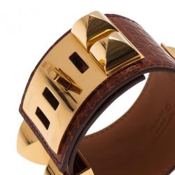 Pre Owned Hermes Collier de Chien Brown Alligator Cuff Bracelet L