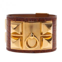 Pre Owned Hermes Collier de Chien Brown Alligator Cuff Bracelet L