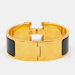 Hermes Clic Clac H Black Enamel Gold Plated Bangle Bracelet 
