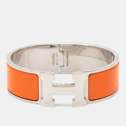Pre Owned Hermès Clic Clac H Orange Enamel Palladium Plated Wide Bracelet