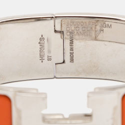 Pre Owned Hermès Clic Clac H Orange Enamel Palladium Plated Wide Bracelet