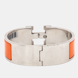 Pre Owned Hermès Clic Clac H Orange Enamel Palladium Plated Wide Bracelet