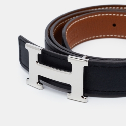 Pre Owned Hermes Black Epsom and Swift Leather H Buckle Belt 75CM
