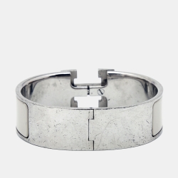 Pre Owned Hermes Clic Clac H Enamel Palladium Plated Wide Bracelet