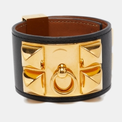 Pre Owned Hermes Collier de Chien Leather Gold Tone Wide Bracelet 