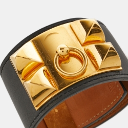 Pre Owned Hermes Collier de Chien Leather Gold Tone Wide Bracelet 