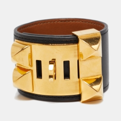 Pre Owned Hermes Collier de Chien Leather Gold Tone Wide Bracelet 