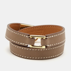 Hermès Étoupe Leather Gold Plated Rivale Double Tour Bracelet S