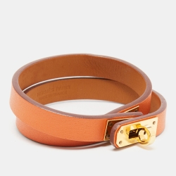 Hermes Mini Kelly Double Tour Orange Leather Gold Plated Bracelet