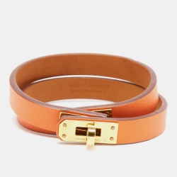 Hermes Mini Kelly Double Tour Orange Leather Gold Plated Bracelet