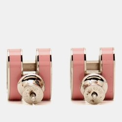 Pre Owned Hermes Pop H Pink Enamel Palladium Plated Stud Earrings