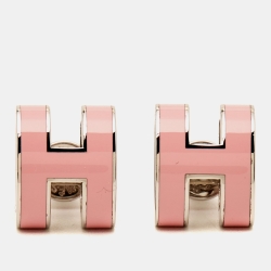 Pre Owned Hermes Pop H Pink Enamel Palladium Plated Stud Earrings