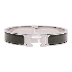 Pre Owned Hermes Clic Clac H Green Enamel Palladium-Plated Bracelet PM