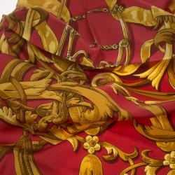 Pre Owned Hermes Red Printed Silk Le Mors " A La Conétable " Square Scarf