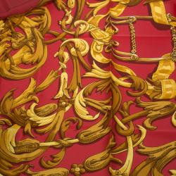 Pre Owned Hermes Red Printed Silk Le Mors " A La Conétable " Square Scarf