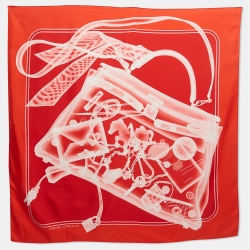 Pre Owned Hermes Red Please Check In Print Silk Square Scarf