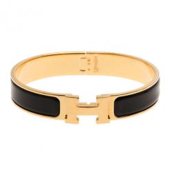 Pre Owned Hermes Clic Clac H Black Enameled Gold-Plated Bracelet PM