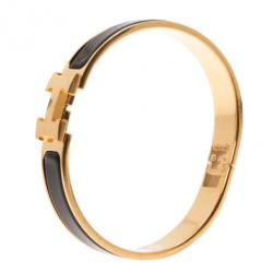 Pre Owned Hermes Clic Clac H Black Enameled Gold-Plated Bracelet PM