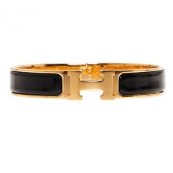 Pre Owned Hermes Clic Clac H Black Enameled Gold-Plated Bracelet PM