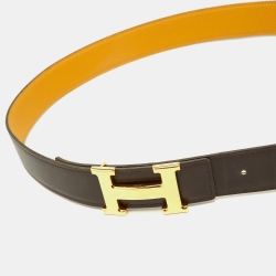 Pre Owned Hermes Marron Froce/Curry Box and Togo Leather Reversible Belt 90CM